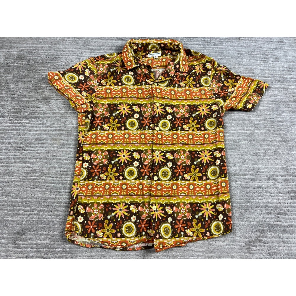 Earthbound Trading Co Shirt Mens Small Brown Floral 70s Retro Rayon Button Down - Picture 1 of 12
